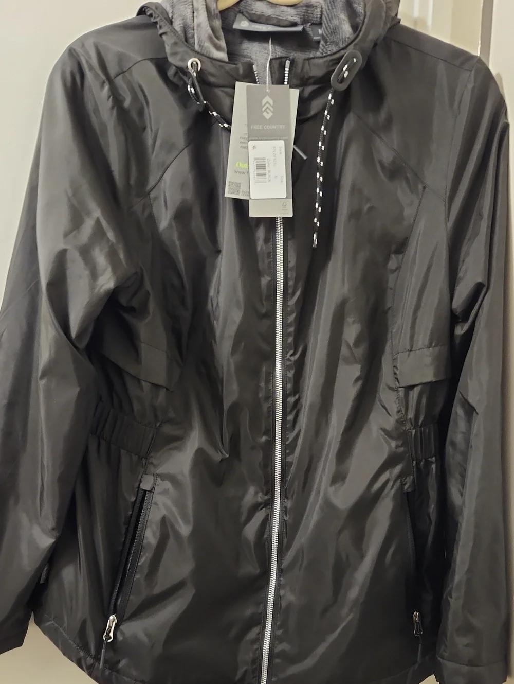 Free Country Womens Windsheer Black Hooded Raincoat with Zip Pockets